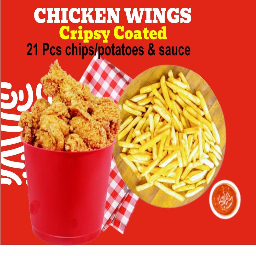 20. CRISPY COATED CHICKEN WINGS - 21pcs (Inclusive of Full Chips/Potatoes,sauce)