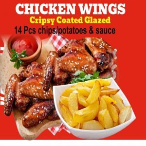 24. CRISPY GLAZED COATED CHICKEN WINGS - 14pcs (Inclusive of Full Chips/Potatoes,sauce)