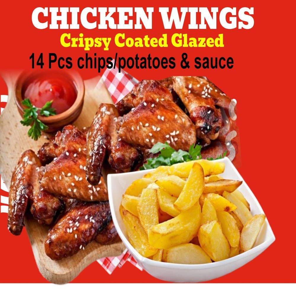 24. CRISPY GLAZED COATED CHICKEN WINGS - 14pcs (Inclusive of Full Chips/Potatoes,sauce)