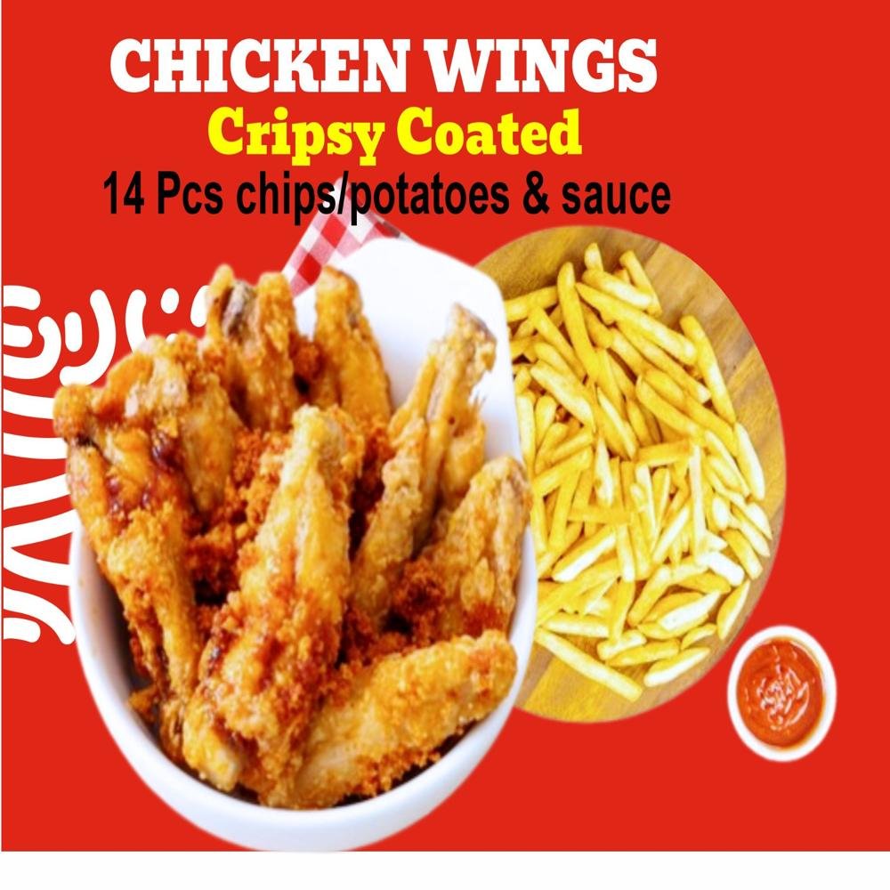 19. CRISPY COATED CHICKEN WINGS - 14pcs (Inclusive of Full Chips/Potatoes,sauce)