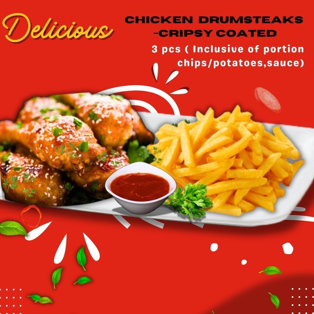 3. Crispy Coated Chicken Drumstakes - 3pcs (Portion Inclusive Of Chips /potatoes,sauce)