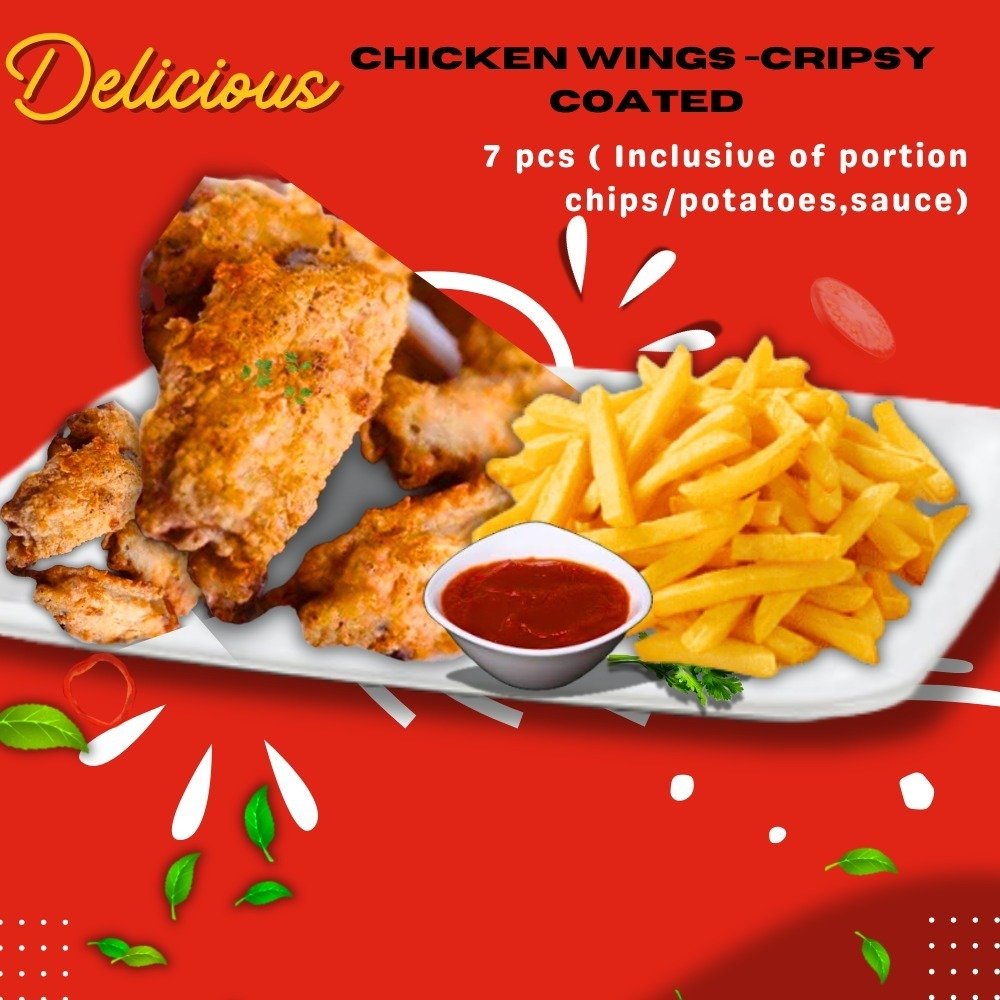 2. . Crispy Coated Chicken Wings - 7pcs (Portion Inclusive Of Chips /potatoes,sauce)