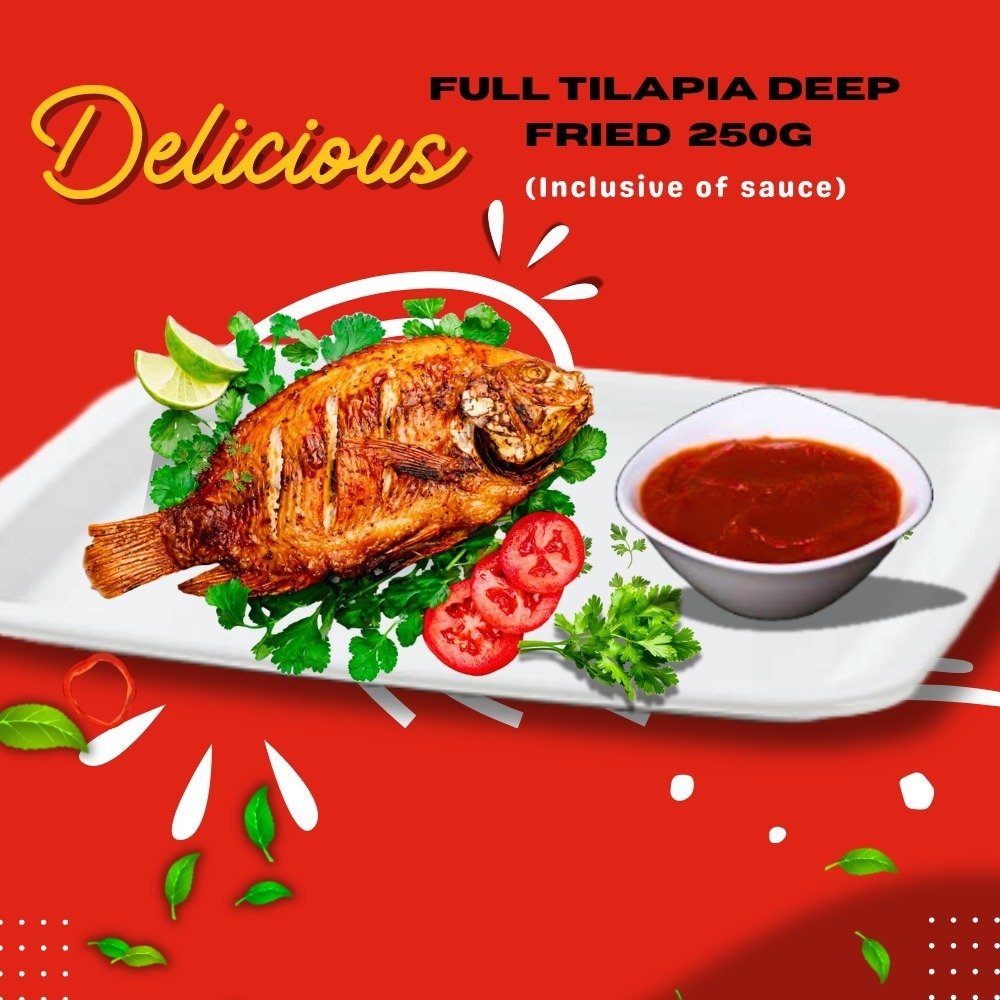 14. DEEP FRIED TILAPIA WHOLE FISH (250g) (Portion inclusive of Chips/Potatoes,Sauce)